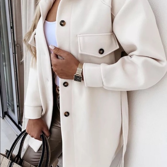 Cream Pocket Button Belted Wrap Button long sleeve Brush Utility fitted Shacket - Picture 4 of 10